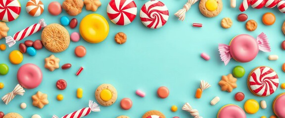 Fototapeta premium Vector seamless pattern of colorful candies, sweets, and cookies on a holiday background ideal for birthday parties, vector, delicious