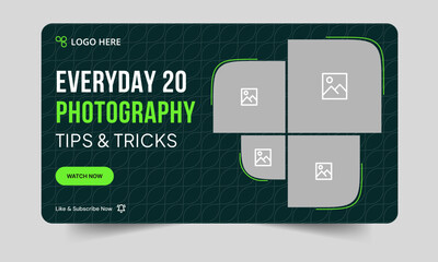 Trendy photography daily tips and tricks video thumbnail banner design, daily photography learning tips and techniques video cover banner design, editable vector eps 10 file format