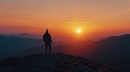 Obraz premium Silhouette of business male stand and feel happy on the most hight at the mountain on sunset, success, leader, teamwork, target, Aim, confident, achievement, goal, on plan, finish,