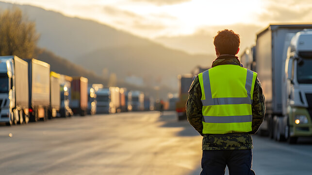 customs officer in reflective vest monitors trucks at border checkpoint, ensuring safety and compliance. scene captures busy atmosphere of border control