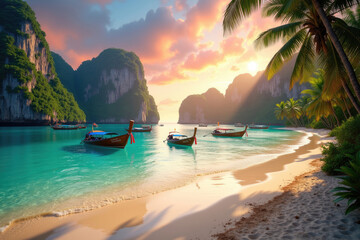 Fototapeta premium Sunset in Maya Bay Thailand Longtail Boats Tropical Beach