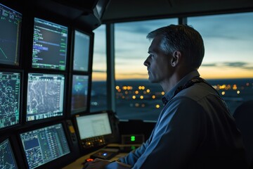 Man working as an air traffic controller inside the Airport Tower during twilight, using multiple computer screens and radar to monitor and manage airplane traffic