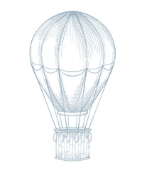 Vector illustration of a hot air Balloon in a vintage sketch style for baby shower invitations or newborn greeting cards. Linear drawing of retro aircraft for adventure themes and nursery decor.