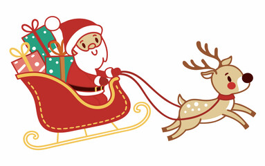 Santa Claus on Christmas Sleigh Pulled by Reindeer - Festive Holiday Vector Illustration