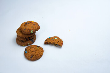 Stacked Chocolate Chip Cookies: A close-up of a stack of appetizing chocolate chip cookies with...