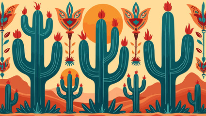 Stylized desert cactus scene with bold flowers and sun motifs, great for southwestern art, folk design, and nature-themed graphics.
