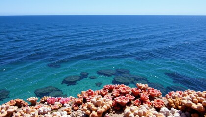 Fototapeta premium Coral Shelf Extending into Frame Coastal Ocean Aerial View Vibrant Marine Life Tranquil Environment