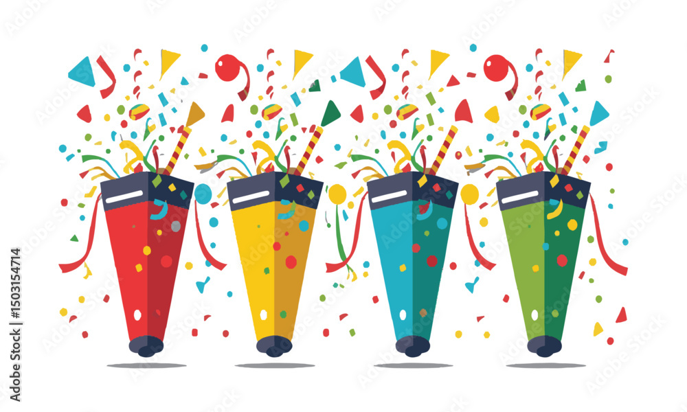 Fototapete A set of four festive party poppers in a modern flat vector style, easily scalable and editable.