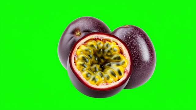 Freshly cut passion fruit on vibrant green background during a cooking presentation in a modern kitchen