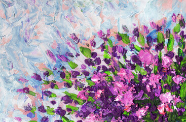 Still life oil. A lush bouquet of bright pink flowers