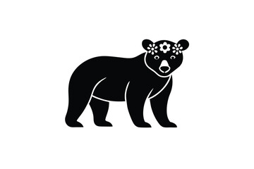 Adorable black bear silhouette wearing flower crown