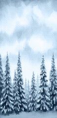 Obraz premium Watercolor landscape. Fir trees in a winter forest