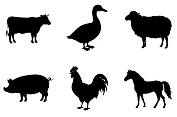 Collection of Silhouettes of Livestock Cows, Ducks, Sheep, Pigs, Roosters, Horses Vector Illustrator