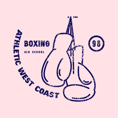Boxing match emblem for t-shirt. Graphic design with rough texture. Blue print on pink background