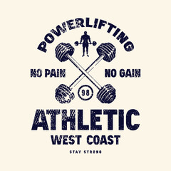 Sport emblem with powerlifter silhouette. Graphic design with rough texture for t-shirt. Black print on white background