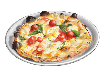 This image shows a tasty pizza topped with melted cheese, fresh basil leaves, and whole cherry tomatoes. 