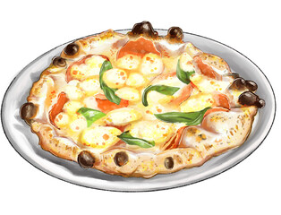 未命名的作his is a delicious pepperoni pizza with melted cheese, fresh basil, and tomato slices on a crispy crust. 品