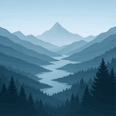 Fototapeta premium Realistic mountains landscape. Morning wood panorama, pine trees and mountains silhouettes. Vector forest hiking background