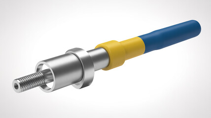 Close up of a metal tool with a threaded end and a blue and yellow handle on a white background
