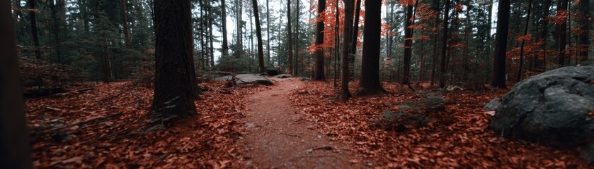 Obraz premium Autumn hiking trail adventure forest path nature photography vibrant foliage scenic view outdoor exploration