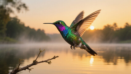 Obraz premium Hummingbird Feeding at Beautiful Lake Dramatic High Resolution Nature Artwork 