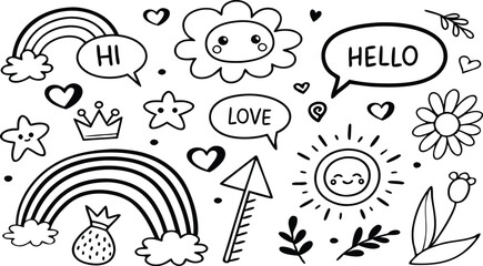 cute hand drawn doodle vector set,a seamless vector doodle illustration in black and white. love, Natural , firework, cloud, weather, rainbow, snow, heart and creative design vector collection.