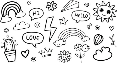 cute hand drawn doodle vector set,a seamless vector doodle illustration in black and white. love, Natural , firework, cloud, weather, rainbow, snow, heart and creative design vector collection.