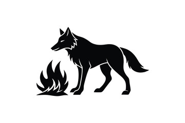 Majestic black wolf silhouette near fiery flames