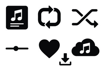 Music app silhouette icons set – simple, multimedia and audio symbols