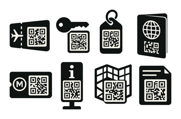 Travel and tourism silhouette icons set – qr codes, boarding passes, and map symbols