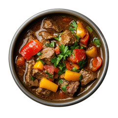 Bowl of beef stew with peppers and parsley, isolated