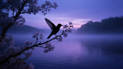 Hummingbird Feeding at Beautiful Lake Dramatic High Resolution Nature Artwork 