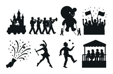 Parade and celebration silhouette icons set – festive, carnival and joyful symbols