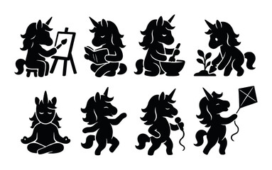 Unicorn activity silhouette icons set – magical, mythical and fantasy creature symbols
