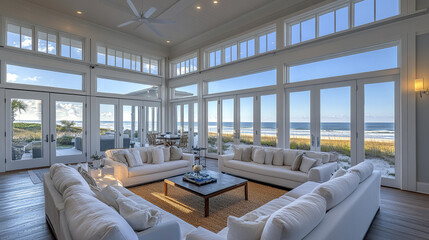 Luxurious oceanfront living room with large windows and stunning views