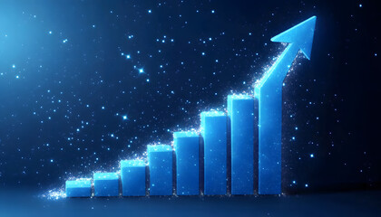 Blue graph with upward arrow. Business, financial growth, sales, profit, investment concept. Marketing chart, progress bar, increasing trend, economic growth, success.