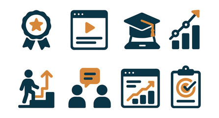 Two-Color vector icons of remote career growth: skill badge, learning module, online course, career tracker. Promotion path, mentor session, growth review, feedback goal.