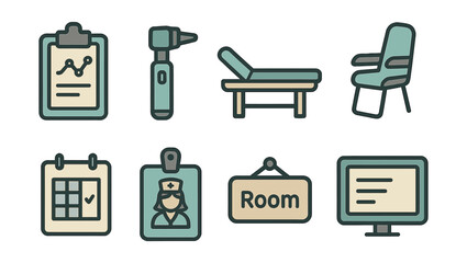 Outline with Fill icon set for doctor’s office: clipboard with chart, otoscope, examination bed, waiting chair, appointment calendar, nurse badge, room sign, digital screen.