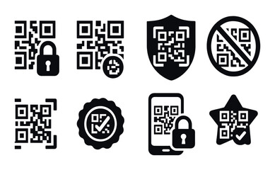 Obraz premium Qr security silhouette icons set – simple, secure, protection symbols for digital safety