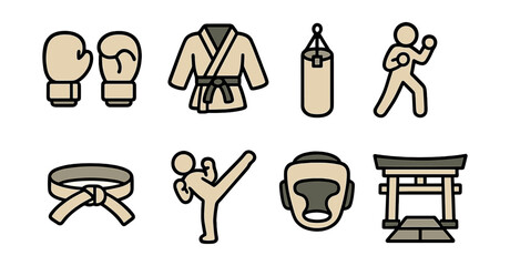 Outline with Fill vector icons of martial arts: boxing gloves, judo gi, punching bag, fighting stance, martial belt levels, kick pose, headgear, dojo setting.