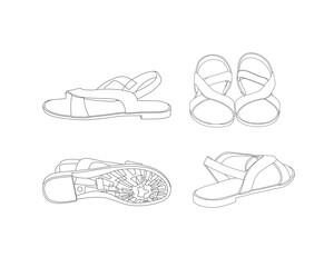 Line Art Sandal Vector Set – Multiple Angles Outline Drawing.
Minimalist black and white vector illustration of a pair of sandals shown from multiple views.