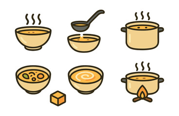 Outline with Fill vector icons of soups and stews: soup bowl, ladle pouring, bubbling pot, vegetable mix, creamy swirl, herbs on top, stock cube, simmering flame.