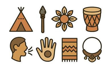 Outline with Fill vector icons of indigenous culture: tipi tent, hunting tool, nature symbol, tribal drum, oral tale icon, hand stencil, earth-colored textile, native jewelry.