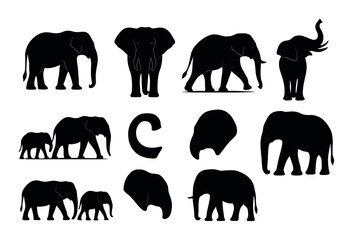 Elephant silhouette icons set – wildlife, animal and safari symbols