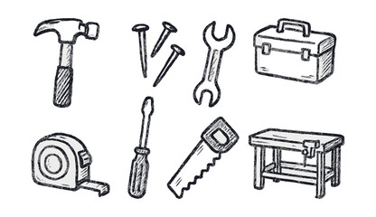 Hand-drawn vector icons of DIY tools: hammer, nails, wrench, toolbox, measuring tape, screwdriver, saw, workbench.