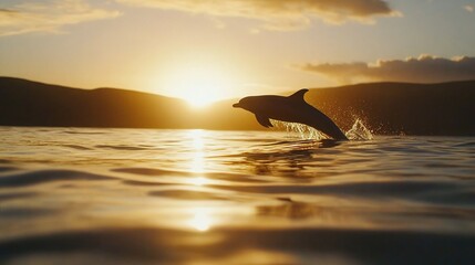 Fototapeta premium Exuberant Dolphin Leaping Above the Sun-Kissed Ocean Waves at Twilight