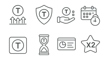 Fototapeta premium Line style icons of token launches: staking for allocation icon, guaranteed allocation tier, lottery allocation system, vesting claim schedule, token vesting claim button, token unlock countdown,