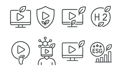 Line style icons of Web3 streaming: eco-friendly stream mode, carbon-neutral content badge, green protocol for video, energy-efficient codec badge, low-footprint playback icon, decentralized green