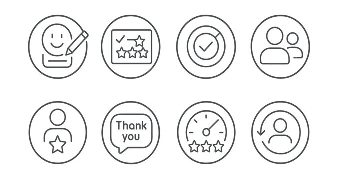 Line style icons of remote Web3 work (circular): circular feedback form, task rating stars, performance review ring, peer evaluation icon, contributor appreciation badge, thank you bubble, rating