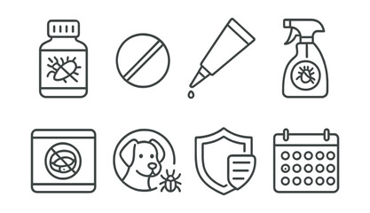 Line style icons of veterinary pharmacy: flea and tick medication, deworming tablet, topical spot-on tube, anti-parasitic spray, tick collar package, mite treatment icon, parasite prevention plan,